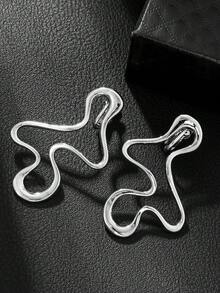 1 Pair Minimalist Asymmetrical Line Liquid Metal Geometric Clip-On Earrings, Versatile No Piercing Earrings - Clip - View 10