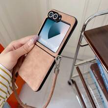 1pc Stylish Minimalist Suede PU Leather Folding Phone Case Compatible With Samsung Galaxy Z Flip7/6/5/4 - Women's Wristlet Strap Full Body Shockproof Protective Cover