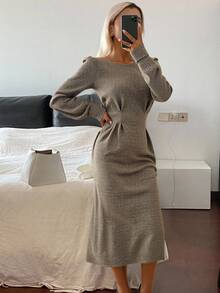 Livesso Đầm dài tay bồng cổ tròn thanh lịch cho nữ, mùa thu - Màu Khaki - Xem 2