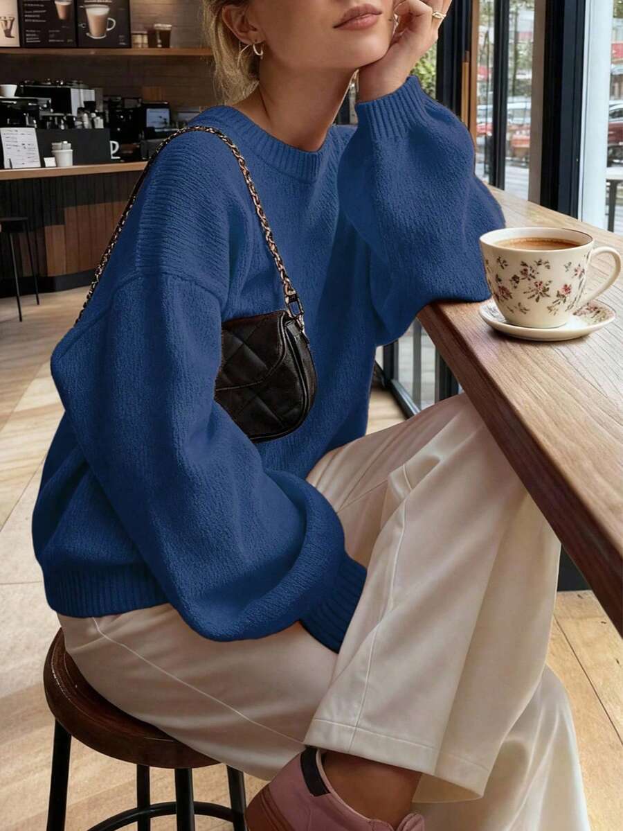 FOR BEAUTY Autumn/Winter New Arrival Girlish Round Neck Long Sleeve Knit Sweater, Women Loose Minimalist Raglan Pullover, Suitable For New Year - Central Orchid - View 1