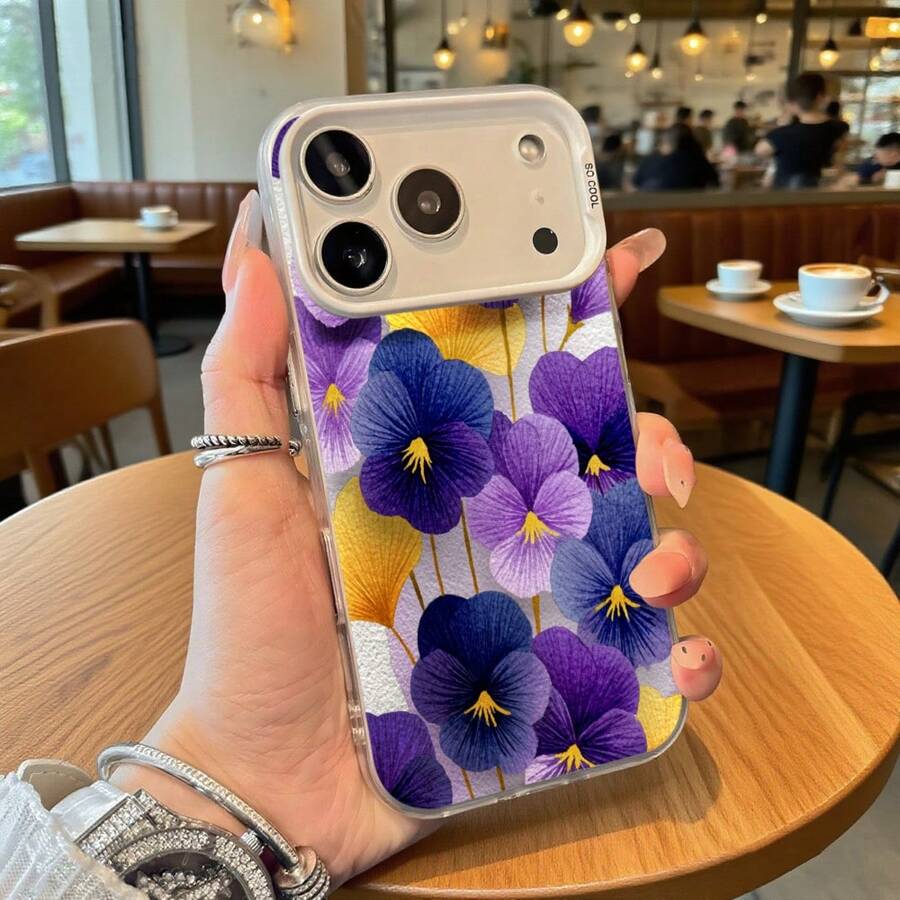 Funda de Teléfono con Estampado de Flor de Pansy Amarillo y Púrpura para Modelos de y Adecuada para Todas las Estaciones Opción de Regalo Ideal - Negro - Ver 1