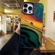 Cubierta de telefono con diseño de paisaje abstracto multicolor para iPhone 14 Pro Max  de proteccion resistente a golpes con impresion de caminantes en campo dorado y texto 80 000 para uso diario en cafeterias y viajes - Negro - Ver 4