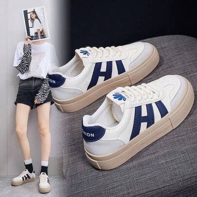 Zapatillas de deporte con bloque de color blanco y camello, cordones, punta redonda, suela gruesa, cómodas, transpirables, casuales, adecuadas para fiesta, uso diario, vacaciones y regalos de cumpleaños para mujeres