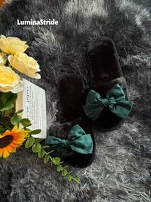 Women's Faux Fur Open Toe Slippers With Elegant Green Satin Bow, Fluffy Fuzzy House Slides, Soft Plush Memory Foam Indoor Bedroom Shoes, Warm Winter Gifts For Her,Cozy Fleece House Slippers For Women - Emerald and Black - View 6