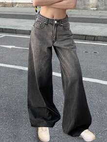 سراويل جينز نسائية بغسيل أومبري أسود، سراويل فضفاضة ذات ساق مستقيمة، سراويل ساق واسعة كاجوال، للربيع والصيف