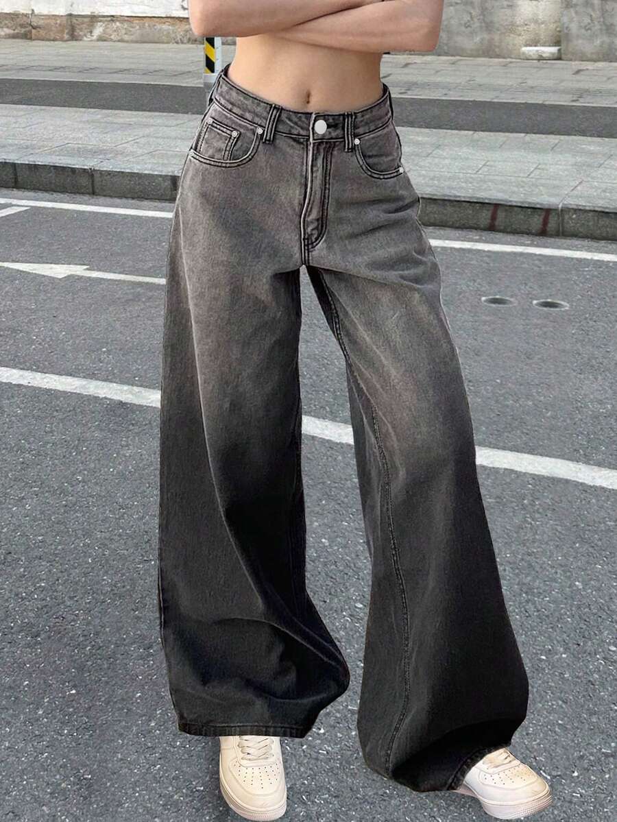 سراويل جينز نسائية بغسيل أومبري أسود، سراويل فضفاضة ذات ساق مستقيمة، سراويل ساق واسعة كاجوال، للربيع والصيف