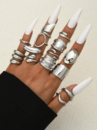 14pcs Vintage Fashion Elegant High-Quality Geometric Asymmetrical Textured Liquid Shape Heart Teardrop Criss-Cross Multi-Layer Minimalist Wave Metal Chunky Ring Set, Versatile For Daily, Party, Gift For Women