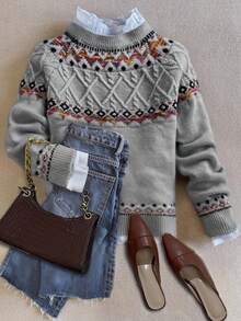 Women's Fall And Winter Casual Loose Retro Fair Isle Pattern Round Neck Long Sleeve Woolen Pullover - Grey - View 1