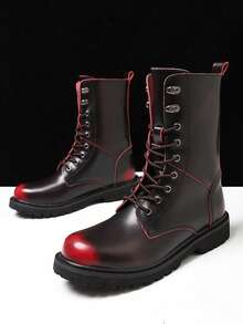 Shiny Soft Leather Non Abrasive High Top Leather Riding Boots, Thick Soled Height Increasing Boots For Men, Red Border Contrasting Motorcycle Boots, A Must-Have For Men In Autumn And Winter, High-Quality And Comfortable Men's Boots, Outdoor Large Size 38-48 Men's Casual Shoes(Asymmetric Pattern) - Apply Red - View 1
