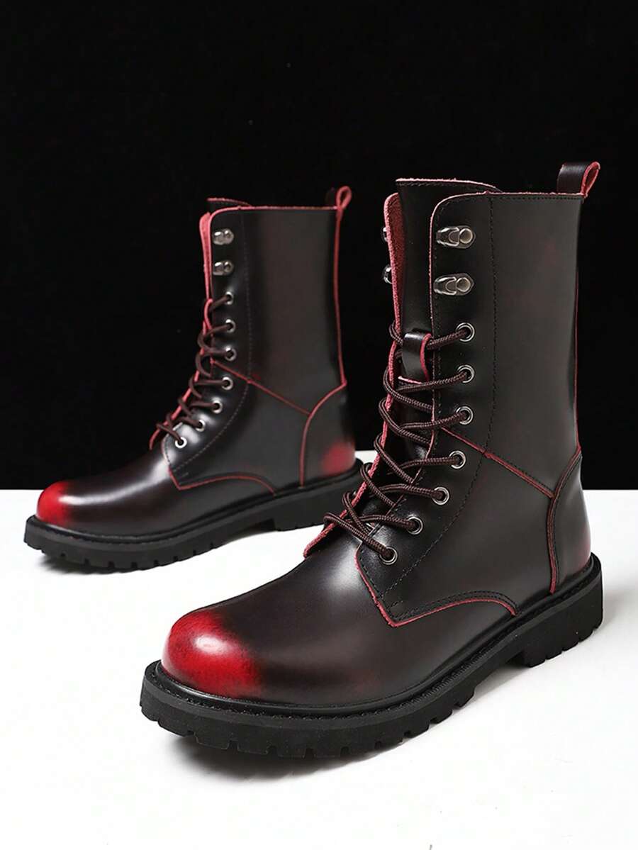 Shiny Soft Leather Non Abrasive High Top Leather Riding Boots, Thick Soled Height Increasing Boots For Men, Red Border Contrasting Motorcycle Boots, A Must-Have For Men In Autumn And Winter, High-Quality And Comfortable Men's Boots, Outdoor Large Size 38-48 Men's Casual Shoes(Asymmetric Pattern) - Apply Red - View 1