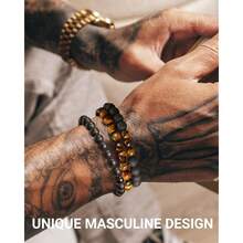 Mens Natural Stone Beaded Bracelets 8MM Stretch Adjustable Tiger Eye, Matte Agate, Lava Rock Beaded Bracelet Set For Men Gifts,3 - 3 - 查看 3