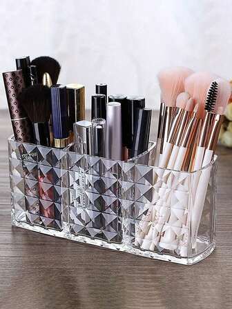 1pc Makeup Brush Storage Box With Compartments, Cosmetic Storage Box, Brush Holder, Desktop Organizer, Dressing Supplies, Beauty Storage, Transparent Display Box. Applicable To Bathrooms, Living Rooms, Restrooms, Offices And Home Decoration.