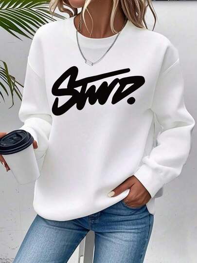 STWD.Women's Oversized White Crew Neck Sweatshirt With STWD.Logo Print - Casual Long Sleeve Winter Sweater, Black & White Lettering, Fall/Winter Warmth, Minimalist Casual Attire, Brand Logo Design Comfort Tops Unisex Plus Size Sweatshirts