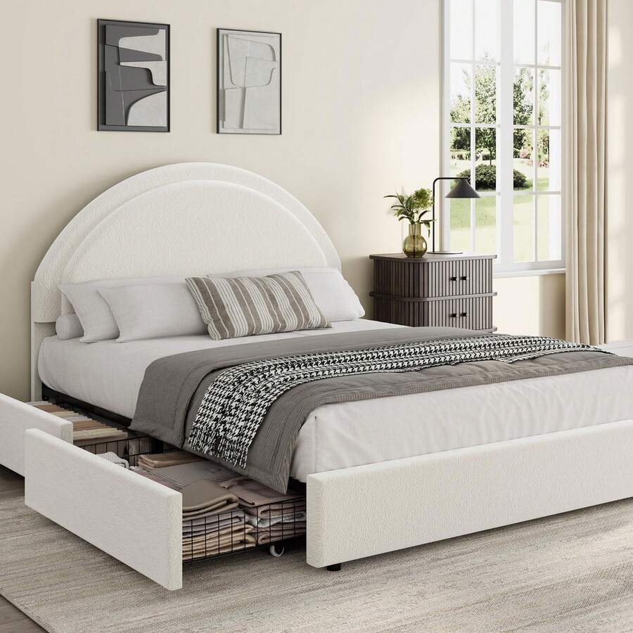 Meiyiu Twin/Full/Queen Size Bed Frame With Storage Drawers, Upholstered Boucle Platform Bed With Round Headboard, Heavy Duty & Noise Free, No Box Spring Needed - White-Full - 查看 1