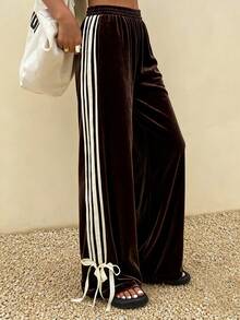 Livesso 女士撞色条纹系带宽松休闲裤 - 棕色 - 查看 3