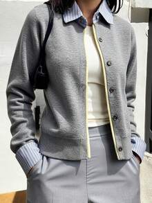 DAZY Women's Contrast Stripe Patchwork 2 In 1 Casual Cardigan - Grey - View 5