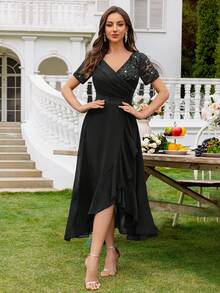 MIUSOL Đầm dạ hội thanh lịch cổ chữ V đính sequin và ren, phối màu tương phản, chất liệu chiffon, xếp ly, thích hợp cho khách dự đám cưới, tiệc tối trang trọng và các dịp khác. Màu đen, thích hợp cho mùa hè. - màu đen - Xem 6