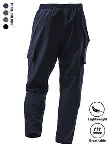 Men's Zipper Pocket Drawstring Cargo Pants, Elastic Waist, Large Pockets, Straight Leg Casual Trousers, Suitable For Outdoor Sports And Jogging, Spring/Autumn