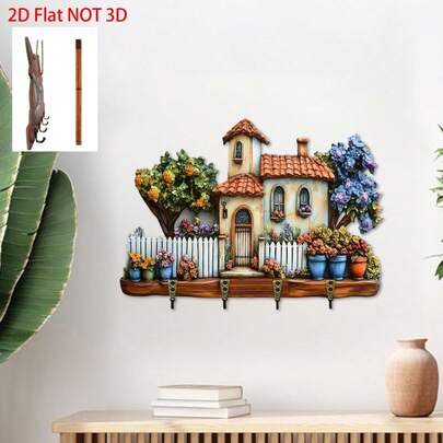 Key Hooks For Wall, 2D Colorful House Flowers Wooden Hanging Sign Wall Key Holder Home Decor