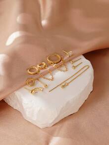 9件套优雅几何立方氧化锆耳钉套装，多款耳夹链耳环，适合女性日常、约会、派对、聚会等场合佩戴。 - 金黃色 - 查看 5