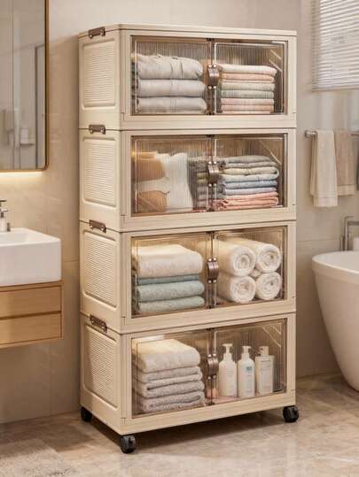 1 pieza (38cm-58cm de ancho) Gabinete de almacenamiento plegable de plástico con puerta doble, armario plegable, armario portátil para el hogar, gabinete de juguetes para la sala de estar, gabinete para bocadillos, gabinete de almacenamiento de cocina, regalo de Navidad y Halloween, caja de pañuelos para el baño, estantería para el piso del dormitorio, estantería de zapatos plegable