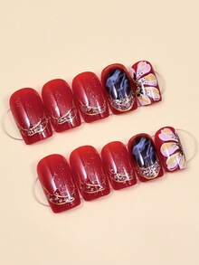 24片方形亮红色花朵美甲贴纸，亚克力材质，假指甲，适合日常佩戴 - 紅色 - 查看 2