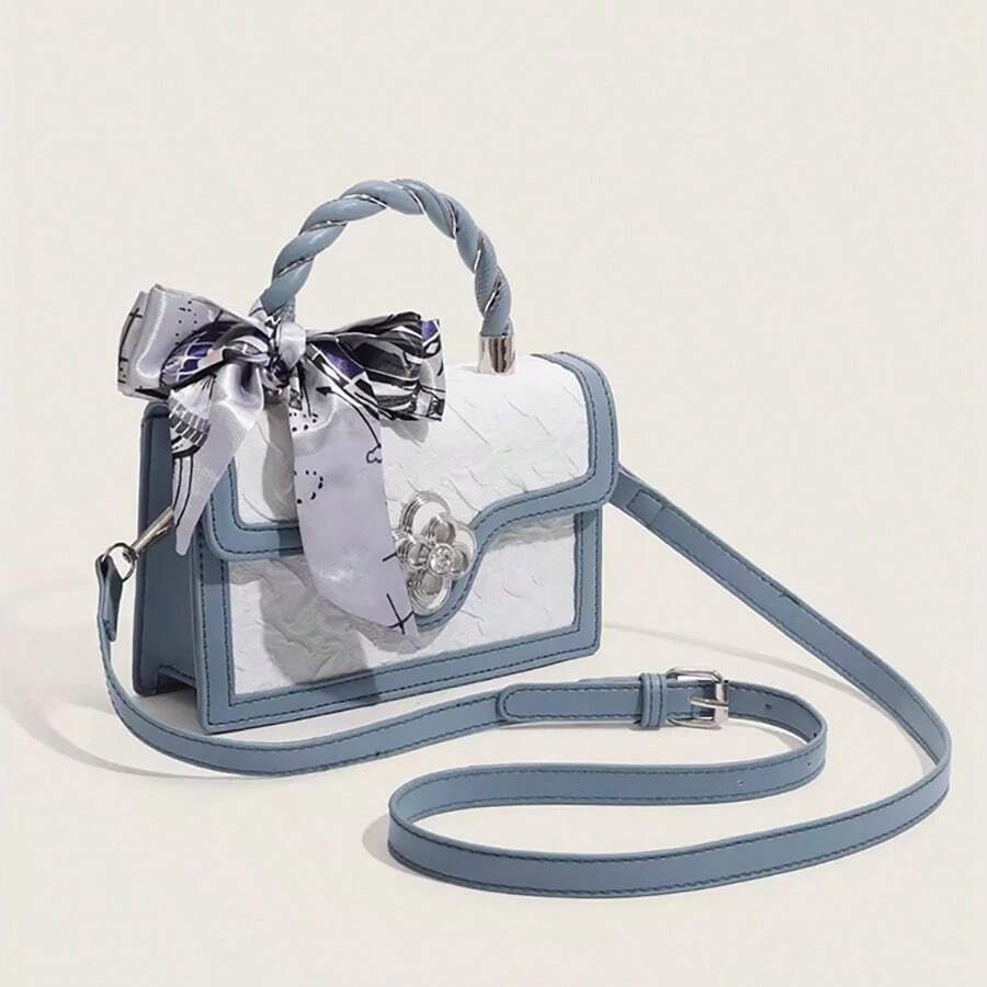 Fashionable High-End Pu Tote Bag With Versatile Square Shape And Cute Cherry Print, Perfect For Shopping, Dating Or Cross-Body For Girls Send Scarf., Best Mother's Day And Valentine's Day Gifts - 淺藍色 - 查看 1