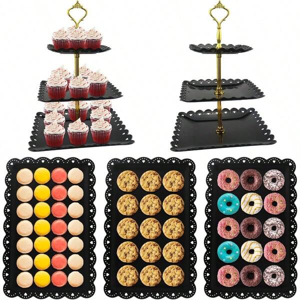 WSXC 5 Pcs Cupcake Stand Set Dessert Table Display Set With 2xSquare 3-Tier Cake Stands Holder + 3X Appetizer Trays Suitable For Birthday Wedding Tea Party Baby Shower Black Lace Hole Square