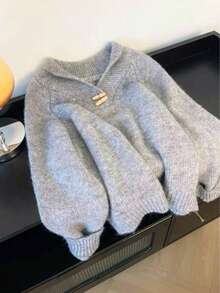 High-Quality Gray Turndown Collar Horn Button Sweater For Women, Solid Color Knitted Top For Home Wear, Autumn/Winter - Grey - View 1