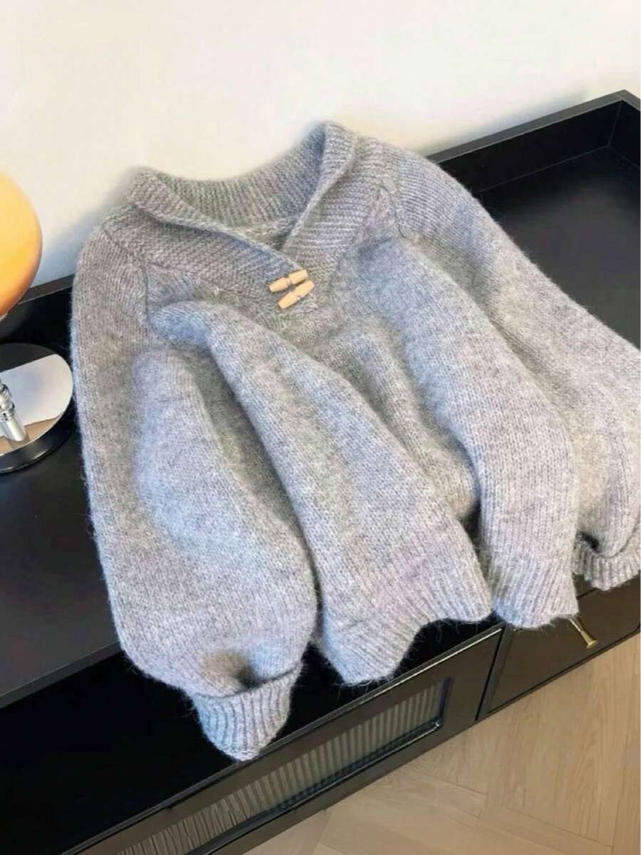 High-Quality Gray Turndown Collar Horn Button Sweater For Women, Solid Color Knitted Top For Home Wear, Autumn/Winter - Grey - View 1