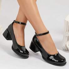 复古漆皮玛丽珍女鞋，踝带粗跟鞋，百搭纯色搭扣鞋，适合日常穿着 - 黑色 - 查看 4