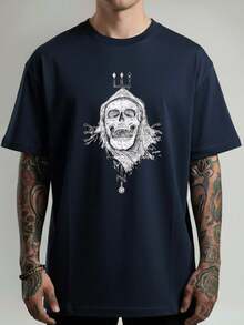 Camiseta Unissex  Estilo Streetwar Estampada Caveira Crânio Manto e Tridente Street style Camisa  Estilosa Masculina e Feminina - 100% Algodão Promoção Frete Grátis Rápido - Azul Escuro - Visão 1