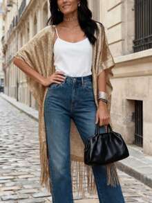 Spring/Summer/Autumn Mesh Beach Sheer Coverup, See-Through Vacation Sun Protection Cover Up, Fringe Knit Shawl Cover Up, Casual Street Wear Cover Up Top, Light Dress Coverup, Party/Commute Fringe Cover Up, Holiday Beach Swimsuit Cover-Up - Gold - View 4