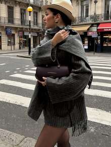 1 件女士优雅休闲百搭条纹西装外套配围巾套装，独特设计长袖羊毛大衣和别致女士常规款大衣流苏围巾落肩袖圆领无弹力面料细条纹图案 - 深灰色 - 查看 5