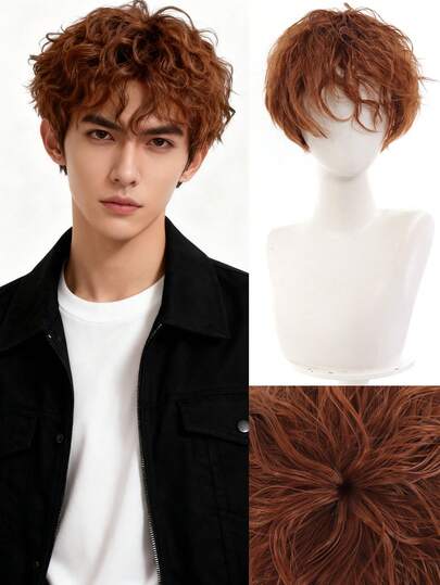 Cool Brown Black Short Wig Synthetic High Temperature Wig Men's Wigs For Cosplay Anime Party Daily Wig Men Synthetic Short Fluffy Heat Resistant Wig For Daily Party