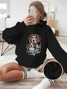 Beagle Mom Women's Plus Size Hoodie - Vibrant Red Beagle Graphic Print, Cozy Fleece-Lined Hood, Front Pockets, Machine Washable Casual Winter Pullover For Dog Lovers, Nontransparent Fabric, Cold Weather Clothing, Hooded Sweatshirt, Soft Fleece Lining, Pet Owners - 黑色 - 查看 1