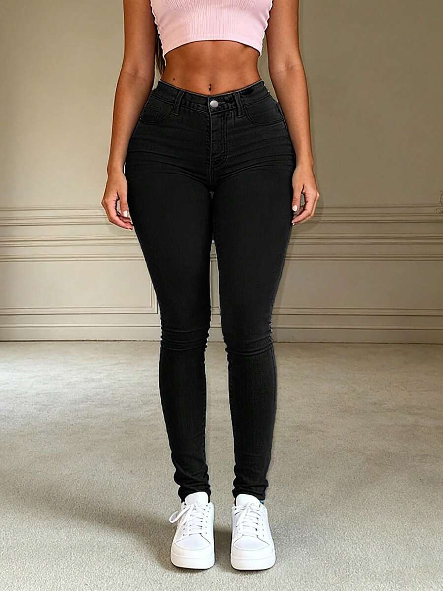 春季新款基础休闲打底裤 简约时尚日常百搭弹力牛仔裤 女款黑色 - 黑色 - 查看 1