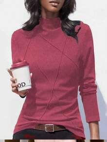 Women's Semi-High Neck Thermal Lined Base Layer Top, Autumn/Winter Patchwork Fishbone Line Design - Coral Pink - View 4