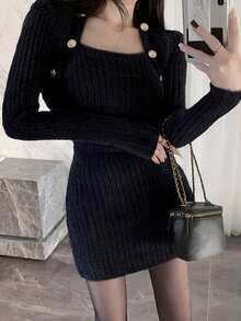 Alicedudu 女士秋冬优雅修身毛衣裙 - 黑色 - 查看 5