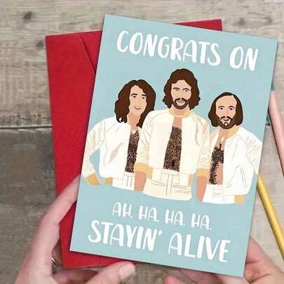 1PC High-End Gilded Retro Band Commemorative Card Features A Gilded Silhouette Of The Bee Gees' Classic Stage As The Core Visual, Paired With Embossed Vinyl Record Textures. Retaining The Original Pun Text "CONGRATS ON AH. HA. HA. HA. STAYIN' ALIVE" And A Golden Envelope To Enhance Ritual Sense, It Accurately Reaches Quality-Pursuing Senior Music Lovers And Nostalgic Groups, Suitable For Old Friend Reunions, Music-Themed Commemorations, And High-End Gifting Scenarios. Its Style Fits High-End Retro Gift Marketing, Serving As A Differentiated Product To Help Brands Build A "High-End Retro Band + Commemorative Blessing" Label, Combining Craft Value And Sentimental Attributes To Become A Textured Choice For Music Lovers To Collect Or Gift.