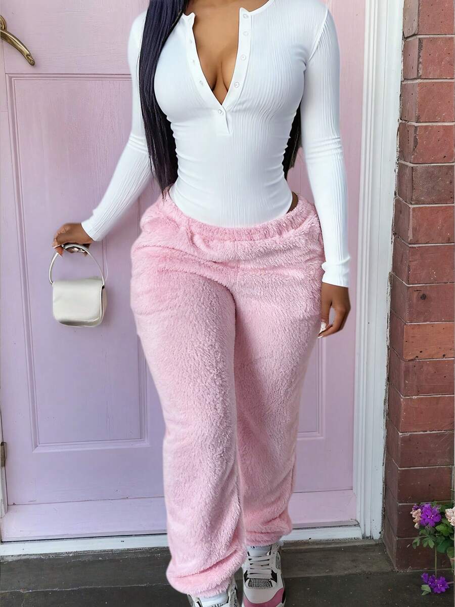 秋冬季女士纯色松紧腰休闲保暖羊毛裤 - 粉色 - 查看 1