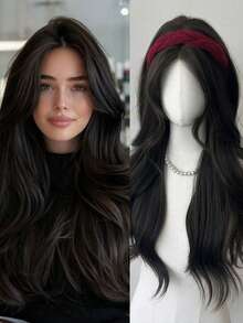 26英寸黑色卷发假发，女士长款波浪假发，角色扮演假发，日常佩戴合成假发（不含配饰） - 黑色 - 查看 13