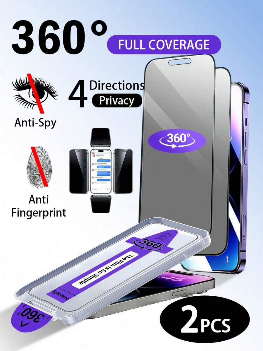 Yezodawee 2片裝隱私螢幕保護貼 4向360°防窺,附自動除塵安裝套件,適用於 18 Pro Max 17 Pro Max,4向防窺鋼化玻璃膜,9H硬度,附安裝框隱私鋼化玻璃膜,9H防刮,易安裝,3D曲面邊緣,相容手機殼,簡單安裝 - 2個 - 查看 1