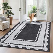 1PCS Room Decor Bordered Rug Scalloped Geometric Pattern Modern Washable Low Pile Area Rug For Living Room Bedroom Contemporary Non Slip Large Rug Low Pile Stain Resistant Carpet For Classroom Dining Room Runner For Hallway Kitchen Enterway - 黑灰色 - 查看 3