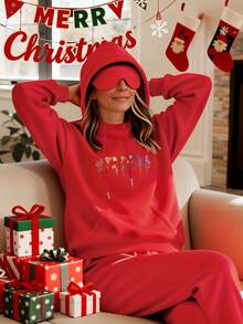 Christmas And Thanksgiving Women's Autumn/Winter Collection Bright Wildflower Pattern Print Suitable For Spring And Summer Wear - Women's Hooded Sweatshirt Long Sleeve Letter Print Drawstring Hoodie - Soft, Casual, Long Sleeve, Kangaroo Pocket, Loose Fit Women's Sweatshirt - Fashionable Clothing, Machine Washable, Autumn And Winter Fleece Warm Lining Soft And Comfortable Autumn And Winter Women's Clothing - 紅色 - 查看 2