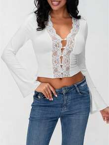 Women's Lace Deep V Neck Long Sleeve Low Cut Crop Top Slim Fitted T Shirt Button Up Open Front Fall Going Out Shirts Solid Color Everyday Basics Flare Sleeve Tops Back To School Outfits,Office Wear,Club Streetwear - 白色 - 查看 1