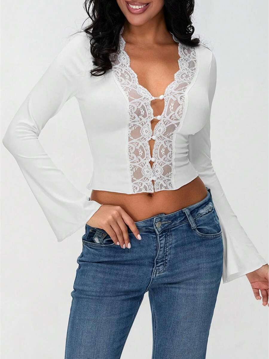 Women's Lace Deep V Neck Long Sleeve Low Cut Crop Top Slim Fitted T Shirt Button Up Open Front Fall Going Out Shirts Solid Color Everyday Basics Flare Sleeve Tops Back To School Outfits,Office Wear,Club Streetwear - 白色 - 查看 1