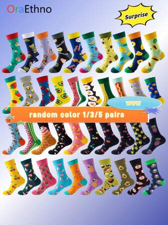 1/3/5 Pairs Random Color Crew Socks, Fun, Creative, Comfortable & Breathable Socks, Suitable For Party Gifts And Autumn Daily Wear