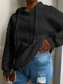 Moletom feminino plus size casual folgado de cor sólida com jacquard e mangas compridas - Preto-1 - Ver 3