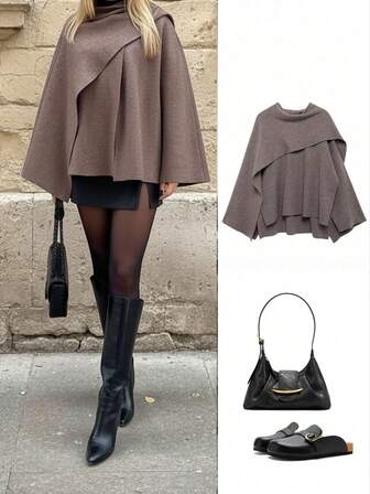 女士时尚休闲斗篷风格宽松围巾装饰针织毛衣开衫